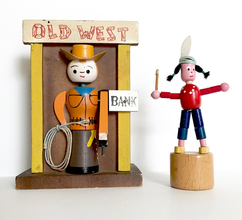 Vintage Bank Old West Cowboy and Push Puppet Native American Indian image 1