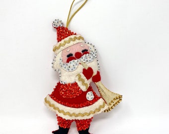 Vintage Christmas Tree Ornament, Felt Sequin Santa Claus , Handmade, Bucilla