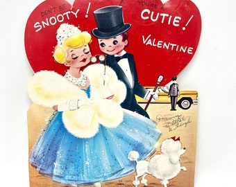 Vintage Valentine's Day Card, Die Cut, Movie Star Couple, White Poodle
