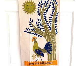 Toalla vintage con gallo, hora del desayuno, sol antropomórfico, toalla de lino Leacock nueva y sin usar.