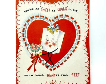 Vintage Valentijnsdagkaart, antropomorfe suiker en lepel, cadeau voor verzamelaar