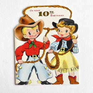Vintage Cowboy Cowgirl Geburtstagskarte, 10 Jahre alter Junge oder Mädchen Grußkarte