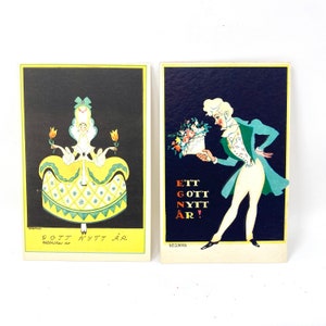 TWO Antique Postcards, Artist Einar Nerman, Happy New Year, Swedish Vintage Paper Ephemera