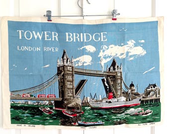 Strofinaccio da cucina vintage, souvenir, Tower Bridge, Londra, fiume, tessuto da collezione, arazzo da parete