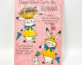 Vintage Father's Day Card for Husband, Bunny Rabbits, 3D Greeting Card, Plastic Flower