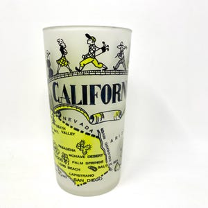 Vaso vintage de vidrio esmerilado, souvenir de bar, California, ¡Aquí vamos!, mapa del estado