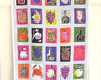 Vintage Tea Towel, Seafood, Fruit, Wine, Fragonard Mid Century Wall Hanging Textile