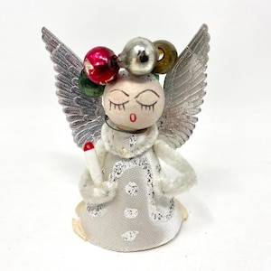 Vintage Spun Cotton Angel Christmas Ornament, Mercury Glass Bead Halo, Candle, Made in Japan