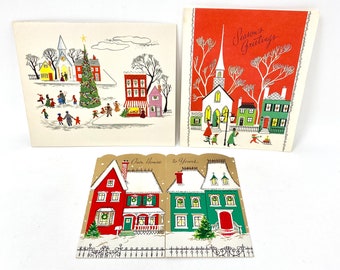 THREE Vintage Christmas Cards, House and Church Greeting Cards, From Our House to Yours