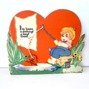 Vintage Valentinstag Karte, Junge Angeln, 3D Valentinstag, echte Schnur