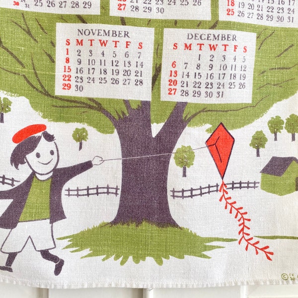 Vintage Calendar Towel 1959, Cool Tree, Robins Birds