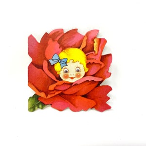 RARA cartolina di San Valentino vintage, fiore antropomorfo, ragazza con rosa rossa