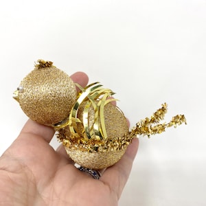 Vintage Bird Christmas Ornament, Gold Wrapped Silk Head and Body, Tinsel Wings, Pearl Eyes, Made in Japan