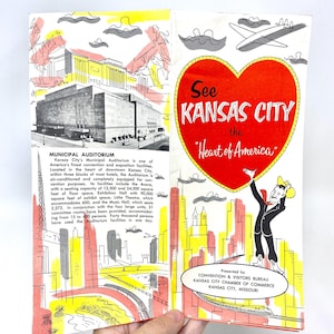 carte vintage de Kansas City, coeur de l'Amérique, carte dépliante pliante, graphiques du milieu du siècle
