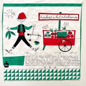 Vintage receptenhanddoek, afbeeldingen uit het midden van de eeuw, Spaans recept, keukenmuurkunst