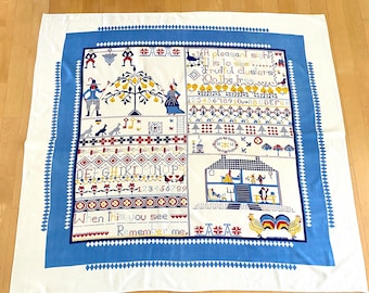 Vintage Sampler Tablecloth, Sampler Red White Blue, Americana Table Cloth