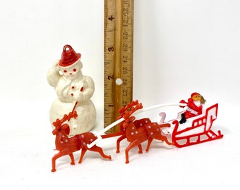 Vintage Plastic Snowman and Santa Sleigh Reindeer Figurines, Christmas Decorations