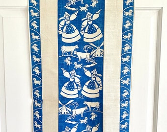 Vintage Tea Towel Blue and White Kitchen Towel, Milk Maid Cows Lambs Farm