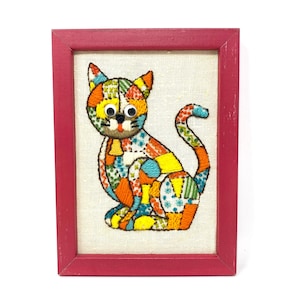 Vintage Crewel Cat, Crewelwork Calico Kitten, Framed Art, Googly Eyes