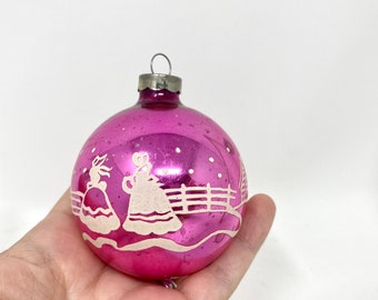 Vintage PINK Christmas Ornament, Stencil Mercury Glass Ball, Winter Countryside Scene with Two Ladies