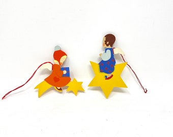 Vintage Wooden Angels Christmas Tree Ornaments, Flat Wood Erzgebirge, Shooting Stars