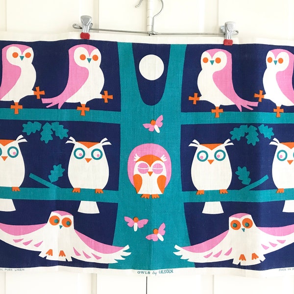 Vintage Tea Towel, OWL Tree, Full Moon, Wall Hanging, Halloween Decor, Ulster Textile