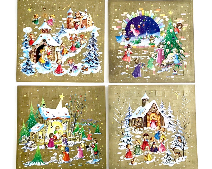FOUR Golden Vintage Advent Calendars Christmas Angels Gold Nativity