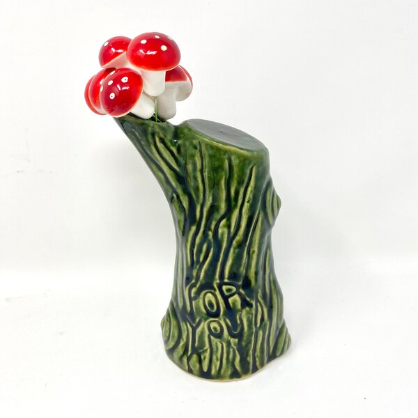 Vintage Green Flower Vase, Ceramic Fake Wood Tree, Faux Bois For You! Mushroom Picks Too!