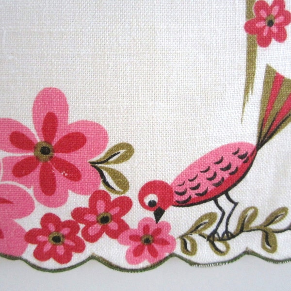 Vintage Linen Towel Pink Birds and Bird House