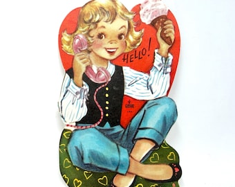 Vintage Valentine Card, Girl Ice Cream Cone, Pink Telephone, Diecut Card