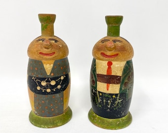 Vintage Wooden Salt Pepper Shakers, Man and Woman, Hand Painted Wood S&P from Germany