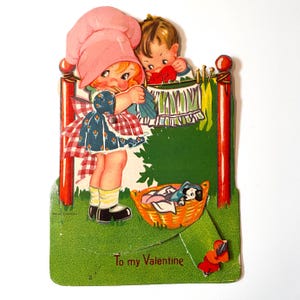 Biglietto d'auguri vintage per San Valentino, stendibiancheria, biglietto con fustella meccanica