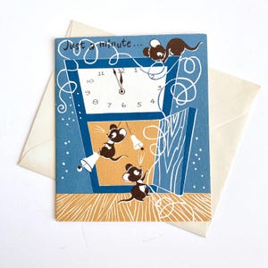Tarjeta de felicitación vintage de Año Nuevo, reloj con ratones, NOS New Old Stock
