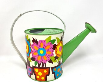 Vintage Toy Watering Can, Groovy Flowers in Pots, Ohio Art Tin