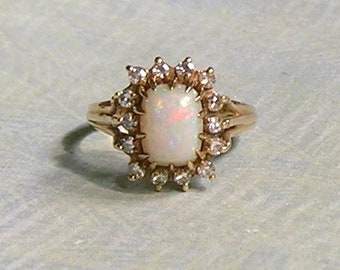 Vintage 14K Gold Opal and Diamond Ring, Old Opal and Diamond Ring, Cocktail Ring, Size 5 (#4386)