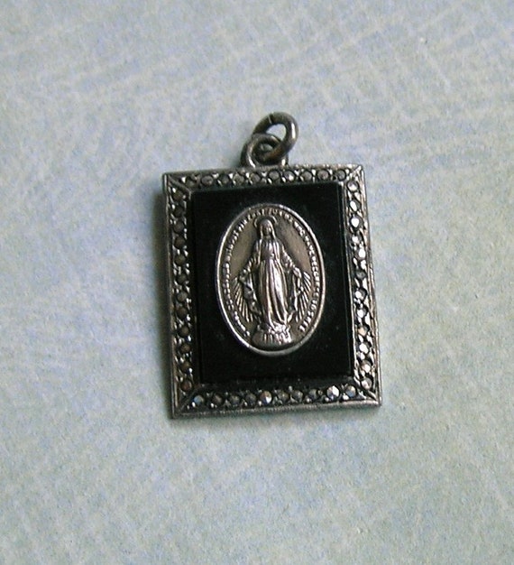 Vintage Sterling Marcasite and Onyx Religious Meda