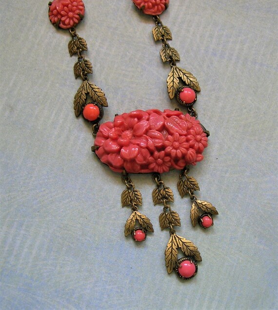 Vintage Coral Colored Celluloid Flower Necklace, 1