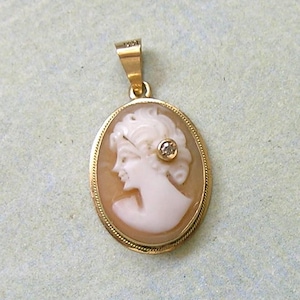Beautiful Antique 14K Gold Cameo Pendant With Diamond, Old Carved Cameo With Woman, Antique 14k Gold Carved Cameo Pendant (#4668)