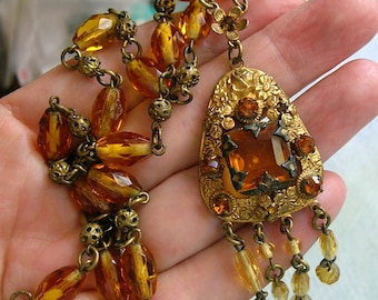 Collar checo antiguo de la época eduardiana, firmado, con piedras de cristal amarillo y topacio, collar checo antiguo, collar checo antiguo con efecto de goteo (4979)