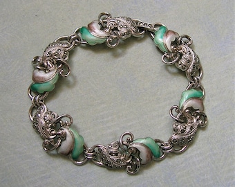 Antique 1940's Sterling and Enamel Bracelet, Sterling Marcasite Bracelet, Old Sterling and Enamel Leaf Bracelet (#3842)