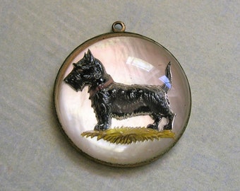 Victorian Reverse Painted Goofus Glass Scotty Dog Pendant; Goofus Glass Dog Pendant Necklace, Mercury Glass Dog Pendant (#3415)