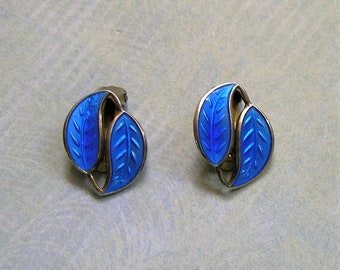 Vintage Sterling Enamel David Andersen Modernistic Double Leaf Earrings, Sterling Norway Enamel Earrings (#3938)