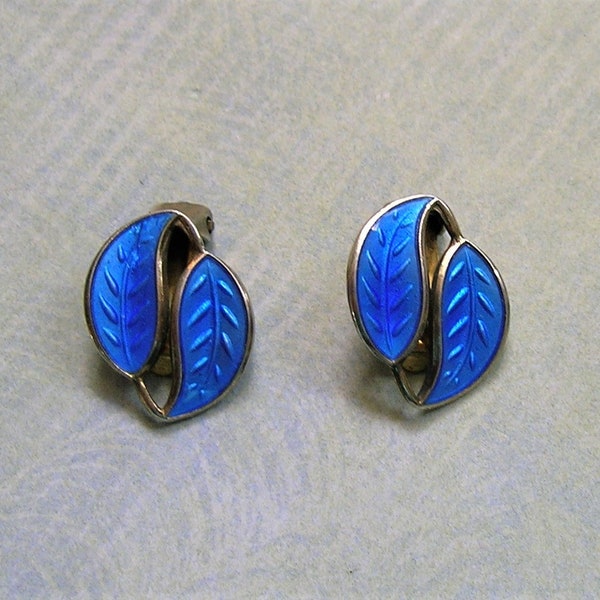 Vintage Sterling Enamel David Andersen Modernistic Double Leaf Earrings, Sterling Norway Enamel Earrings (#3938)