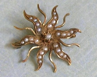 Antique 14K Gold And Half Pearl Starburst Brooch Pin, Old Seed Pearl Starburst Pin Brooch, 14k Gold Victorian Pin, Wedding Jewelry (#4546)