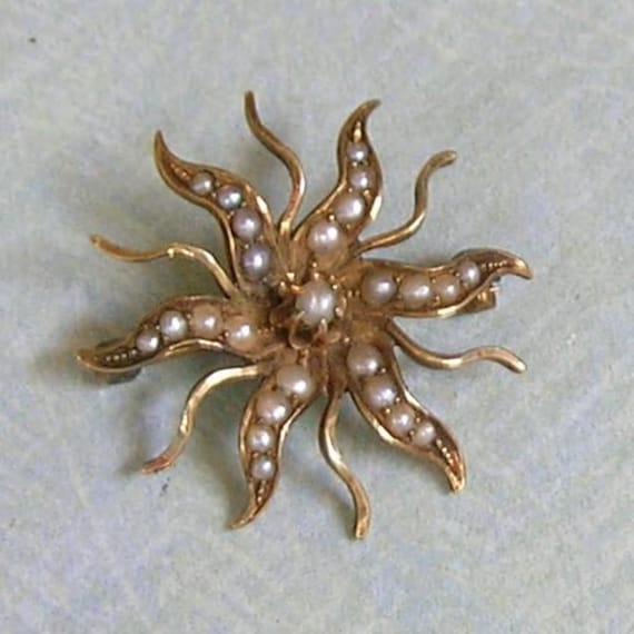 Antique 14K Gold And Half Pearl Starburst Brooch Pin, Old Seed Pearl Starburst Pin Brooch, 14k Gold Victorian Pin, Wedding Jewelry (#4546)