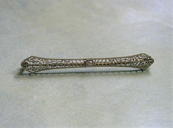 Antique Edwardian 14k White Gold and Diamond Bar … - image 3