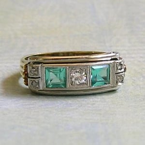 Antique 1930&#39;s 14k Gold, Diamond and Aquamarine Ring, Antique Art Deco Aquamarine and Diamond Ring, Gold Aquamarine Ring, Size 7 (#4636)