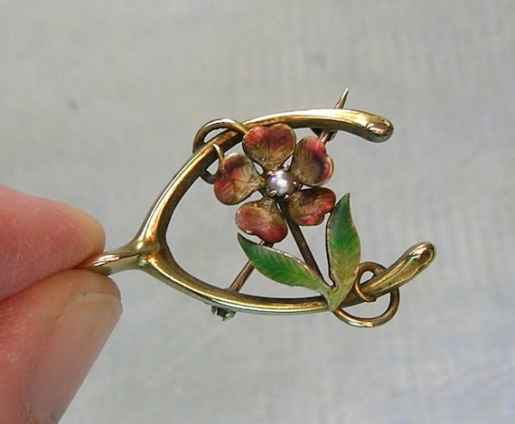 Antique Enamel and 10K Gold and Pearl Wishbone Pin, Old 10K Enamel Flower and Wishbone Pin, Antique 10K Enamel Gold Wishbone Pin (#4743)