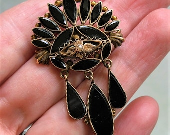 Antique 14K Gold and Onyx Victorian Brooch Pin, Old Victorian Pin, 14K Gold & Onyx Victorian Pin, Mourning Jewelry (#4108)