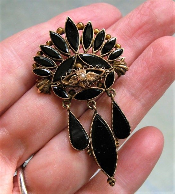 Antique 14K Gold and Onyx Victorian Brooch Pin, Ol